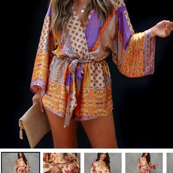 Vici Pants - Vici Multicolor Patchwork Print Romper - Purple, Orange, Cream